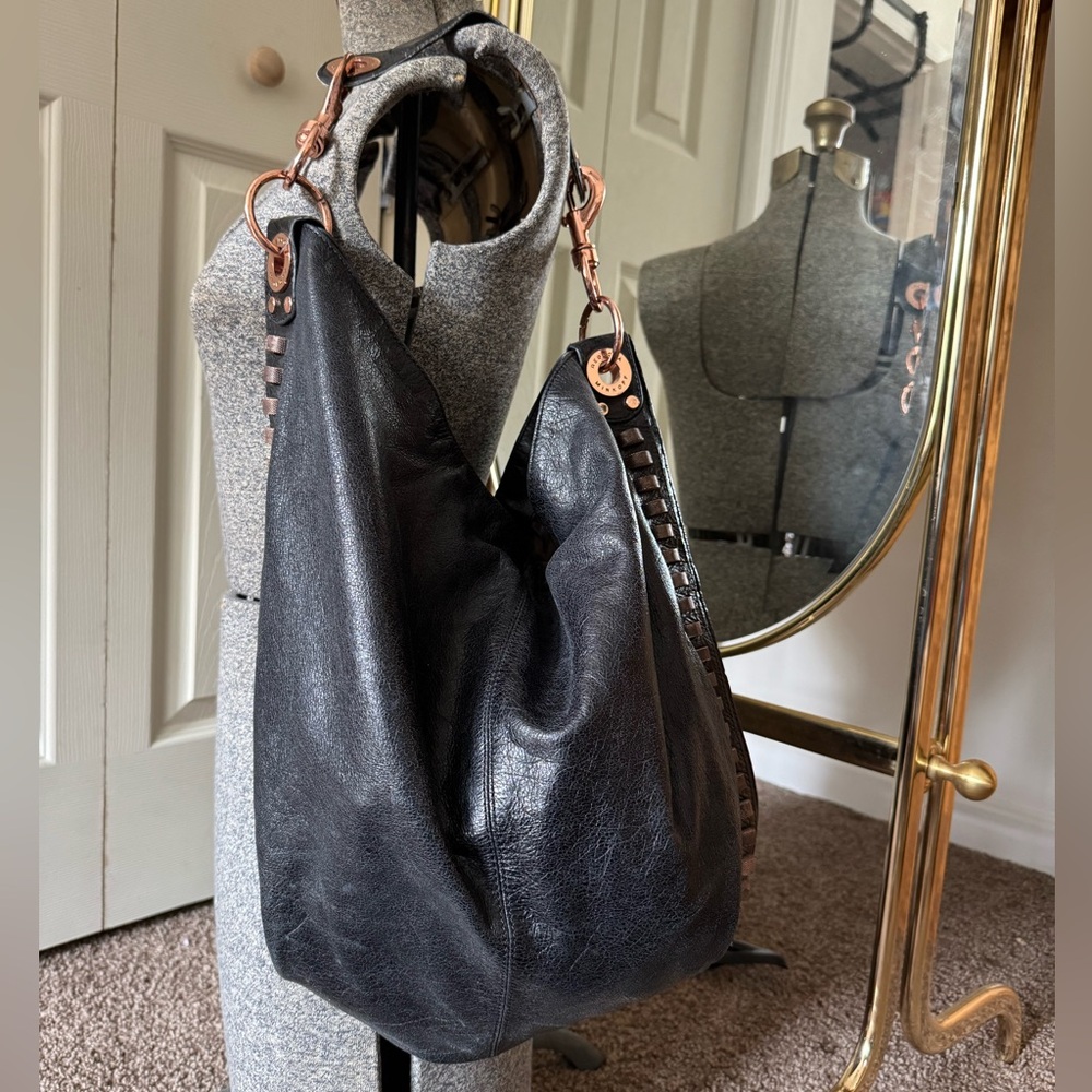 Rebecca Minkoff Black Leather Hobo Bag with rose gold studs and hardware slouchy